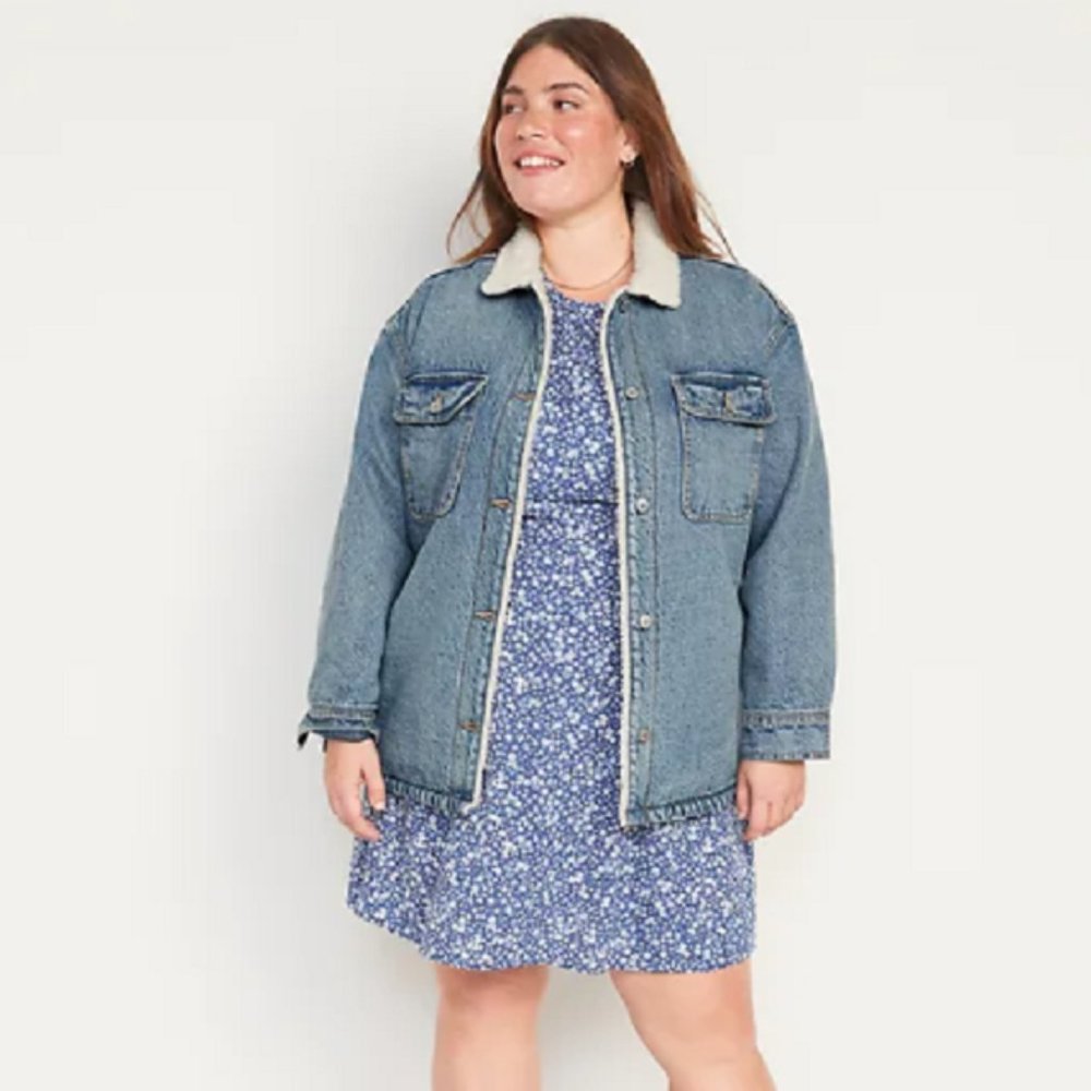 Sherpa-Lined Denim Jean Utility Shacket or Women Sz 4X NEW